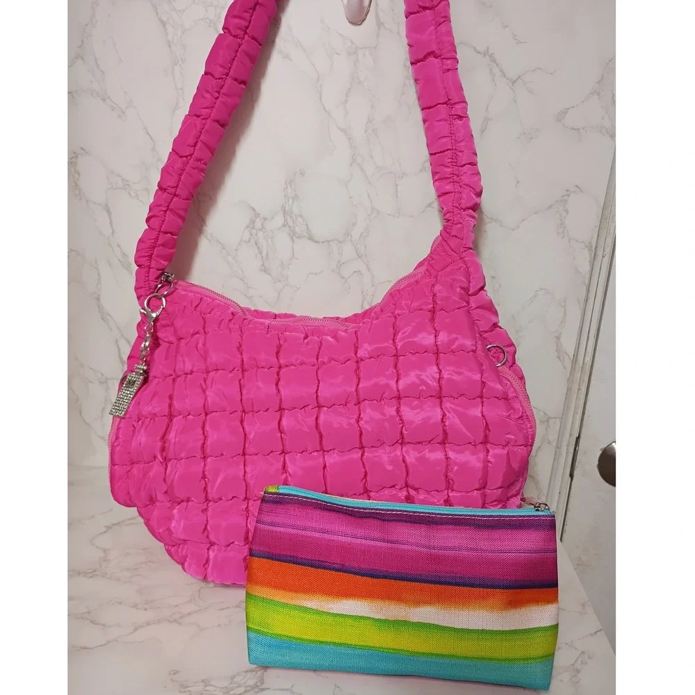 Hot Pink Quilted Puffer Hobo Bag & Clinque Striped Cosmetic Bag